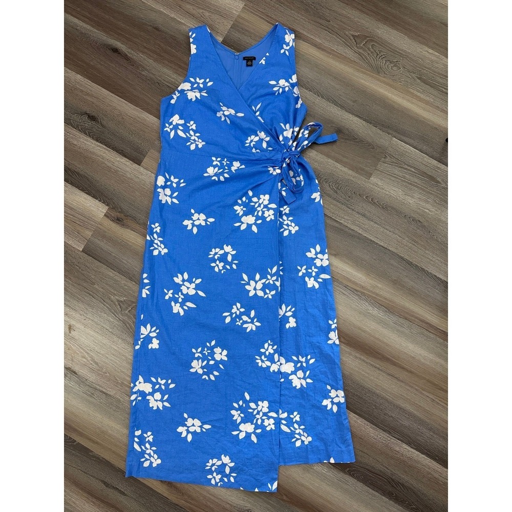 Ann Taylor Maritime Blue White Floral Linen Blend Wrap Maxi Dress Size 12/L - Picture 7 of 11